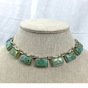 VTG Coro Thermoset Necklace Choker 17" Turquoise & Gold Confetti Silver Tone 50s